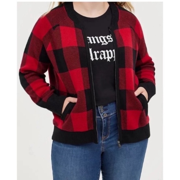 TORRID Cardigan Zip Bomber Sweater Buffalo Plaid Red Black Preppy Academia NEW - Picture 2 of 12